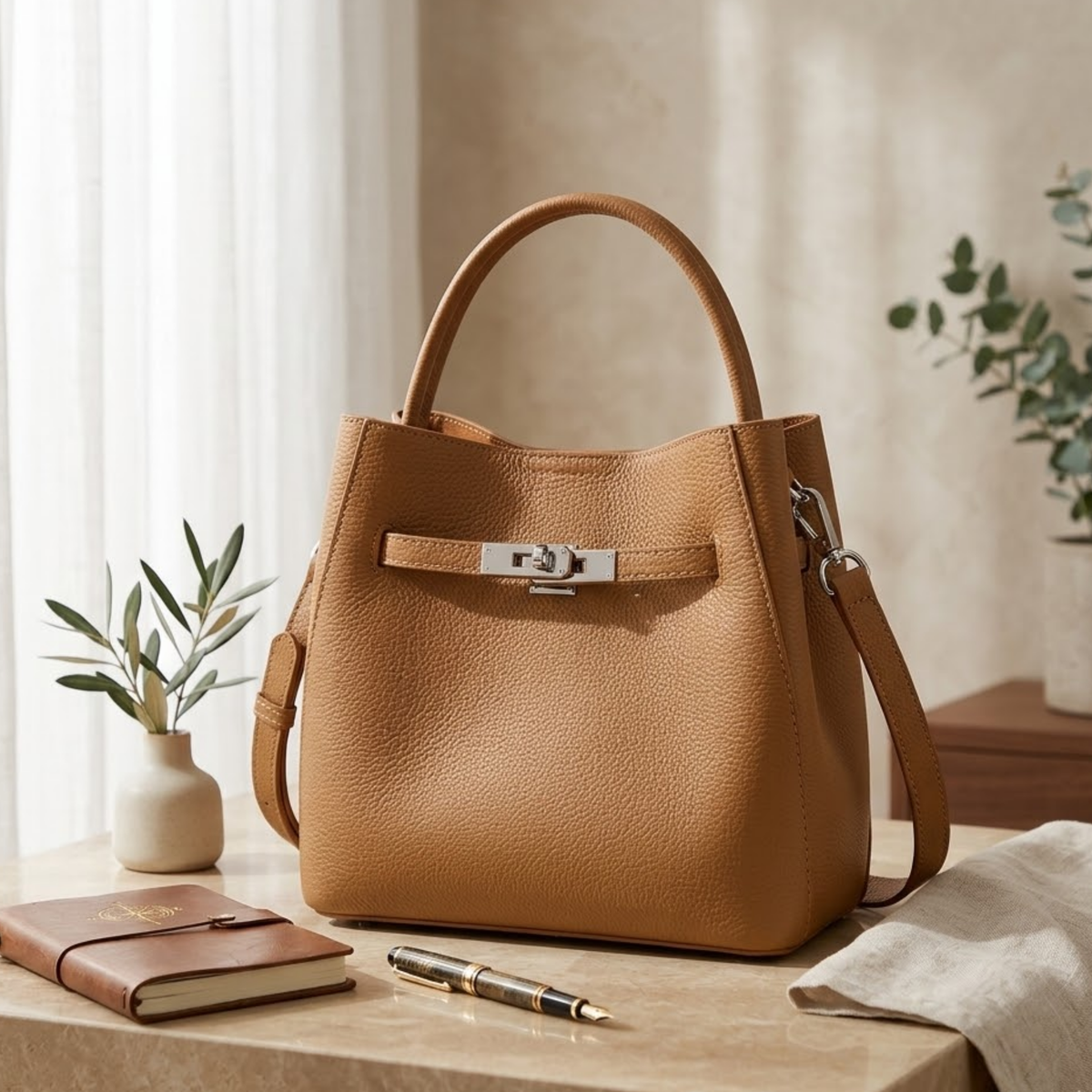 Louisse Genuine Leather Basket Bucket Bag