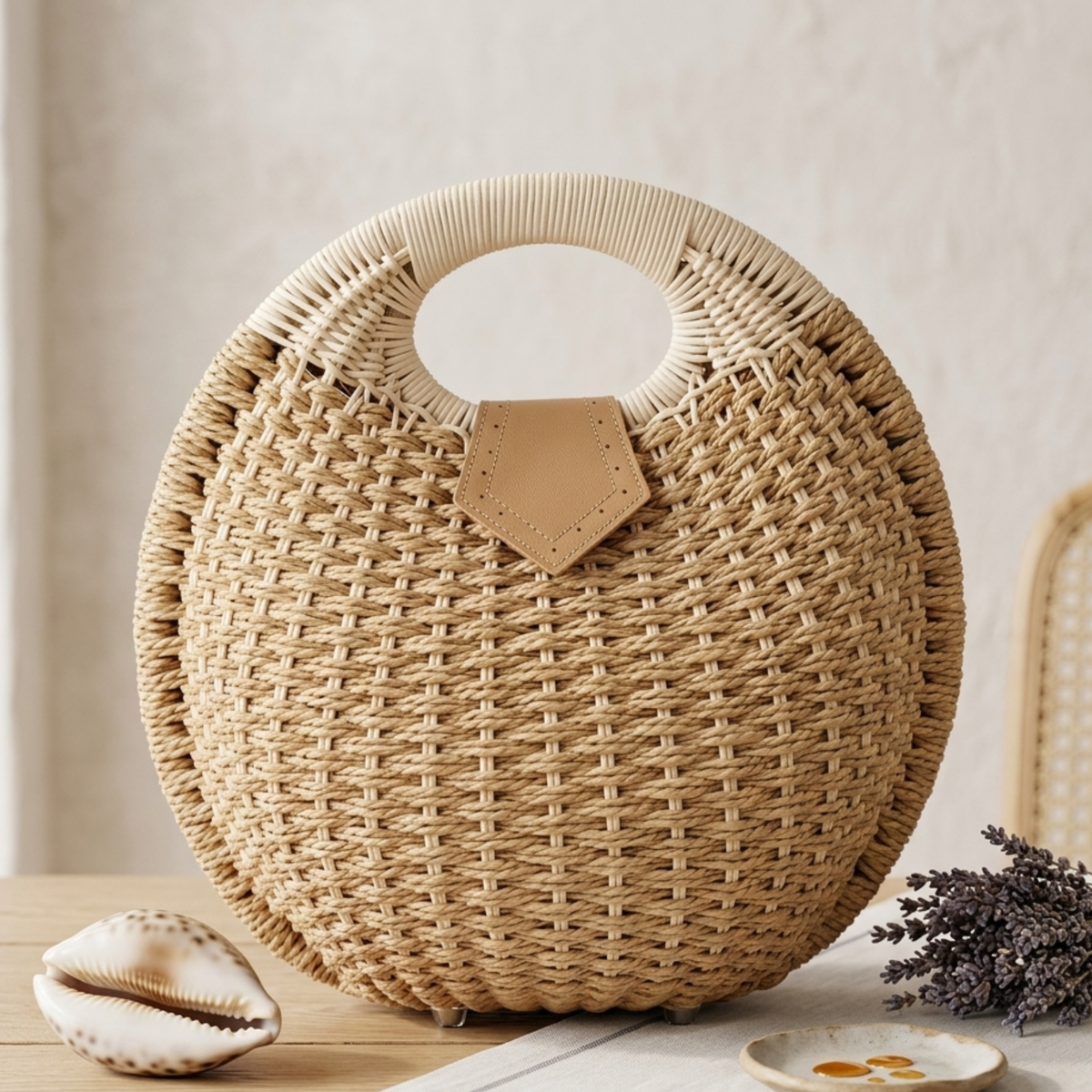 Sac à main rond en rotin tressé avec coquillage – Sac durable