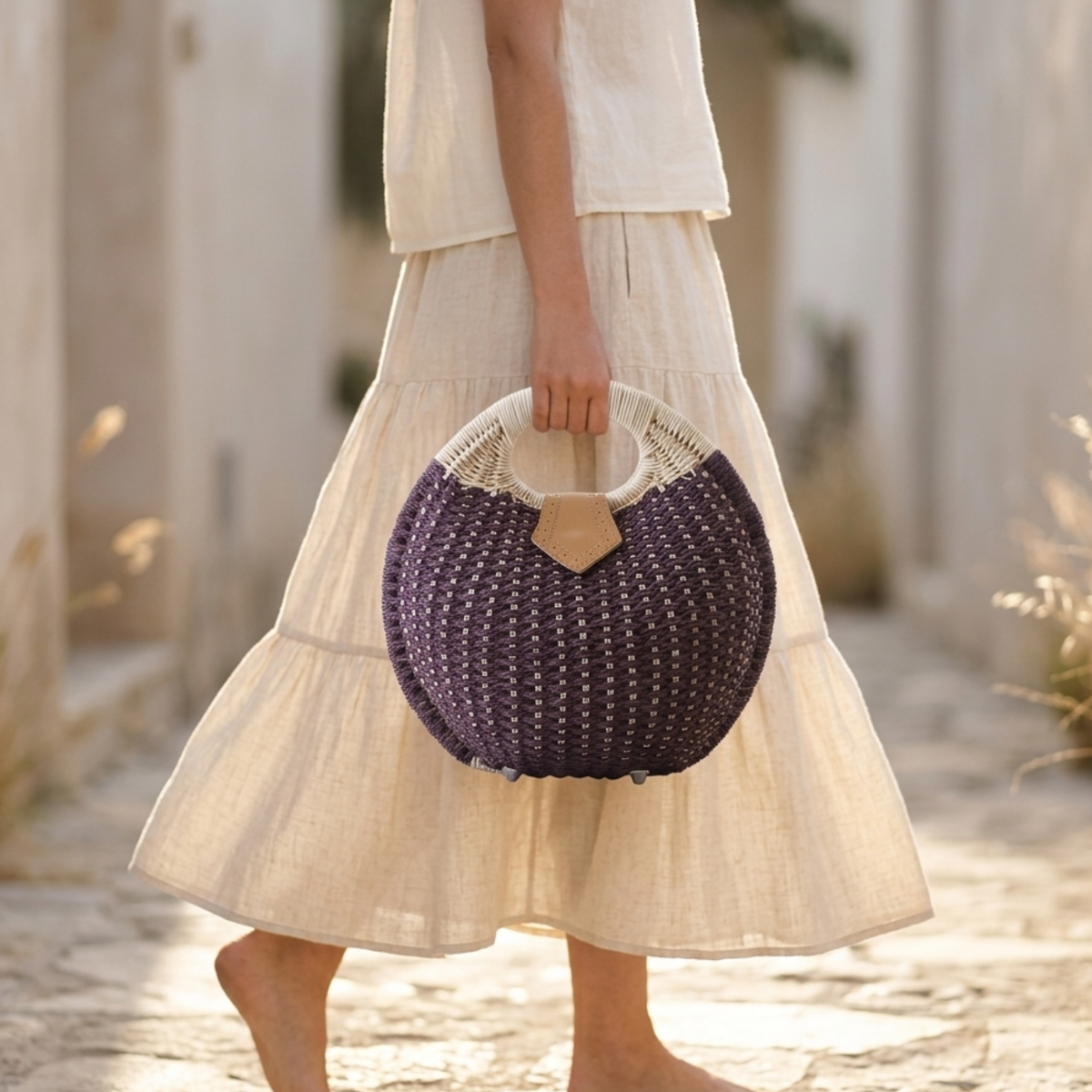 Borsa rotonda intrecciata a mano in rattan con conchiglia – Borsa sostenibile
