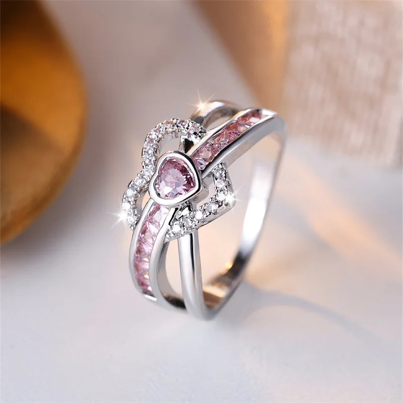 Luxury Pink Diamond Cut Wave 925 Sterling Silver Promise Ring