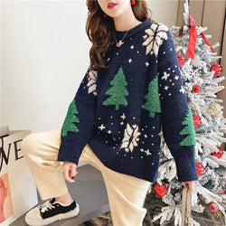 One Size Snow Flake and Tree Embroided Long Sweater