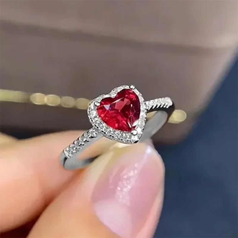 Heart Shape Red Diamond Cut 925 Sterling Silver Promise Ring