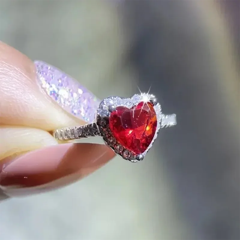 Heart Shape Red Diamond Cut 925 Sterling Silver Promise Ring