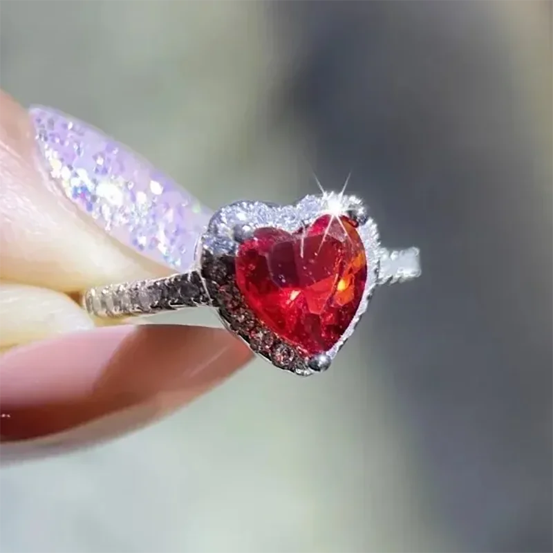 Heart Shape Red Diamond Cut 925 Sterling Silver Promise Ring