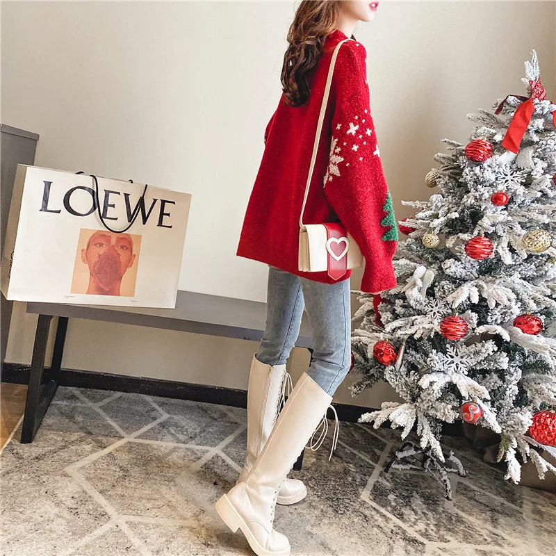 One Size Snow Flake and Tree Embroided Long Sweater