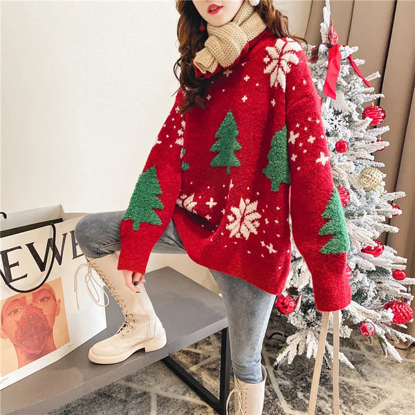 One Size Snow Flake and Tree Embroided Long Sweater