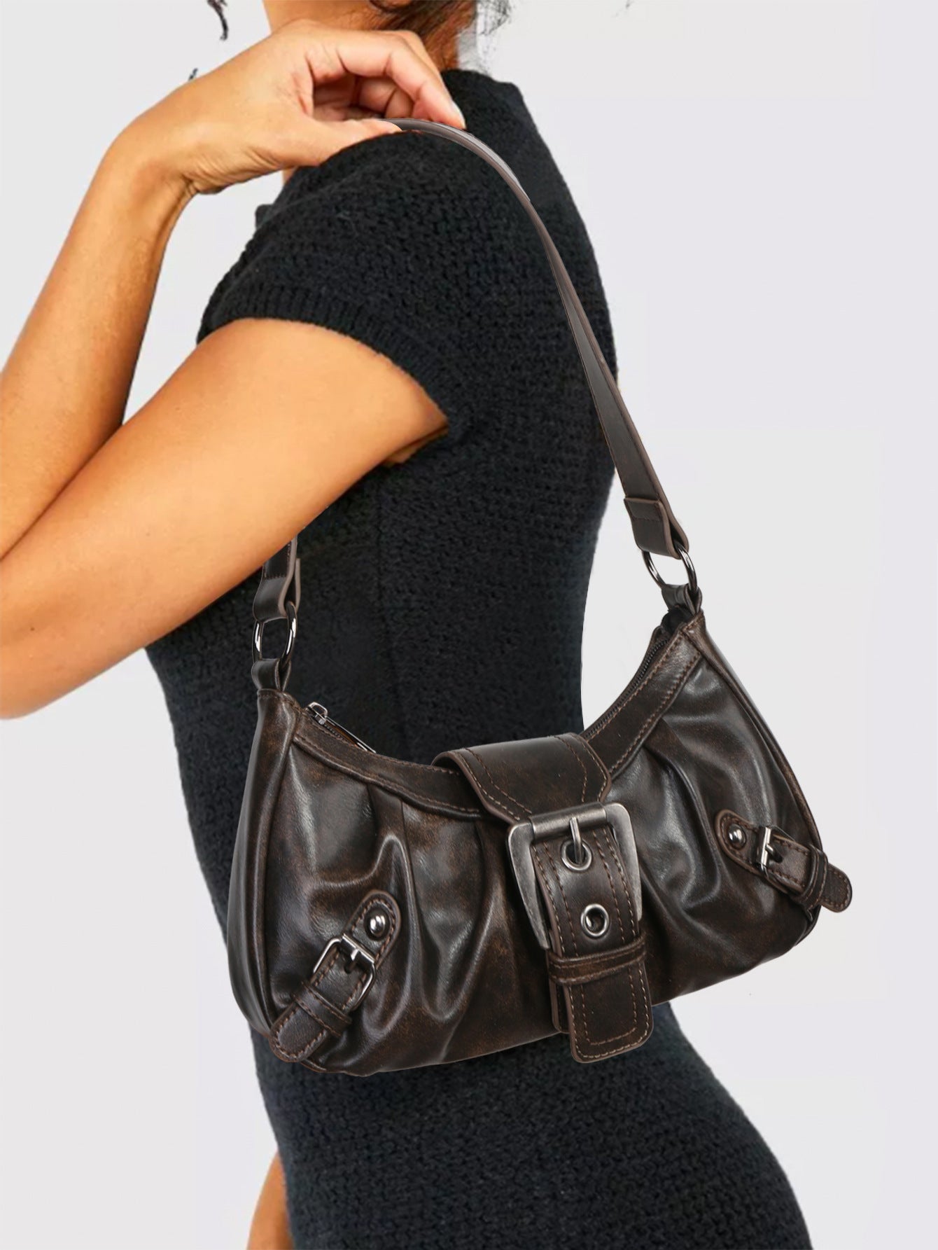 Urban Muse Distressed Faux Leather Buckle Hobo Bag