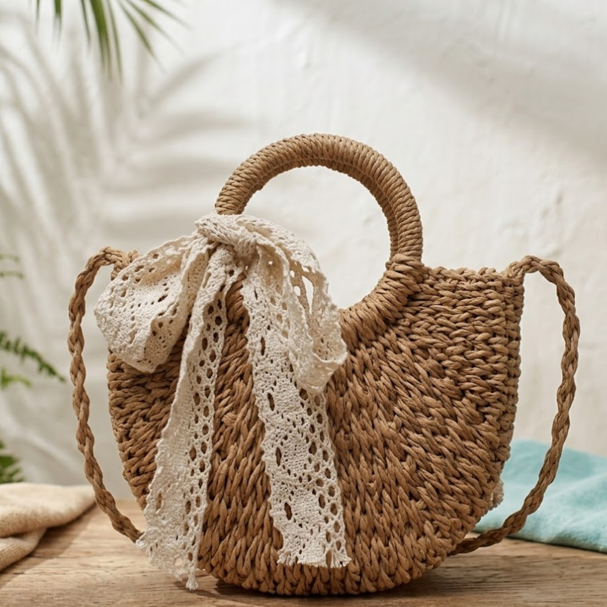 Borsa a tracolla intrecciata in rattan a mezza luna fatta a mano – Borsa sostenibile