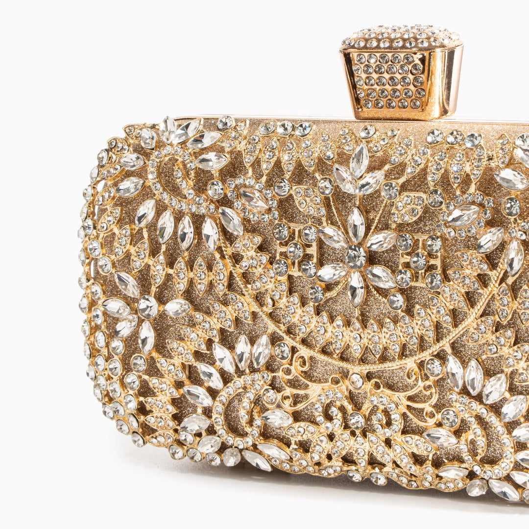 Clutch da sera scintillante con fiori di cristallo